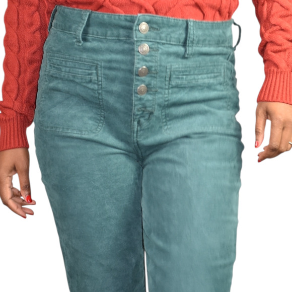 American Eagle Super Hi Rise Flare Corduroy Pants Green Button Fly Retro Teal 8 - Picture 4 of 15